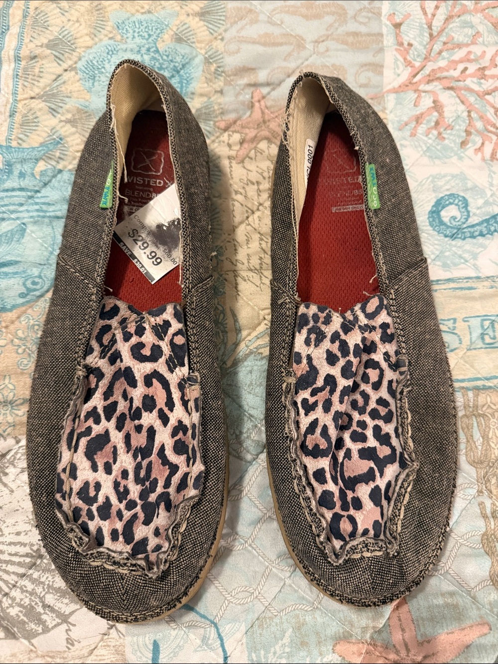 Twisted X Women's Brown Canvas Slip-Ons with Pink Leopard Accent